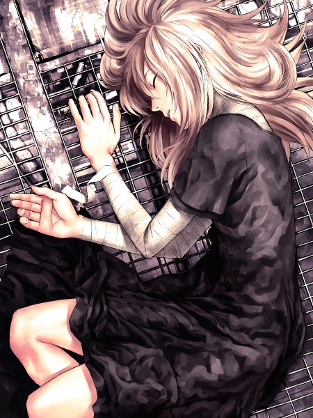 Anime picture 900x1200 with original iwai ryo single long hair tall image pink hair lying eyes closed from above on side girl dress black dress bandage (bandages)