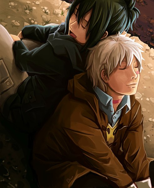 Anime picture 1206x1470 with no.6 studio bones nezumi (no.6) shion (no.6) tall image short hair open mouth black hair silver hair eyes closed multiple boys back to back boy jacket 2 boys