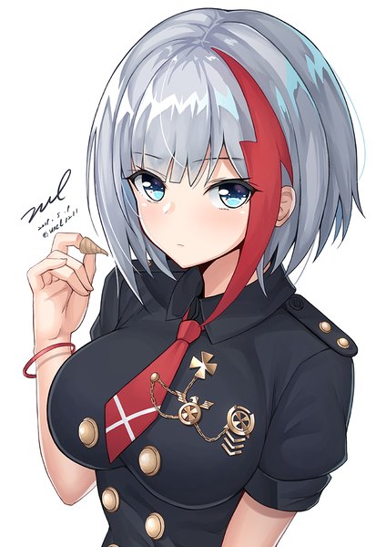 Anime picture 800x1132 with azur lane admiral graf spee (azur lane) admiral graf spee (maiden's sunday) (azur lane) unel single tall image looking at viewer blush fringe short hair breasts blue eyes simple background large breasts white background signed silver hair upper body blunt bangs multicolored hair