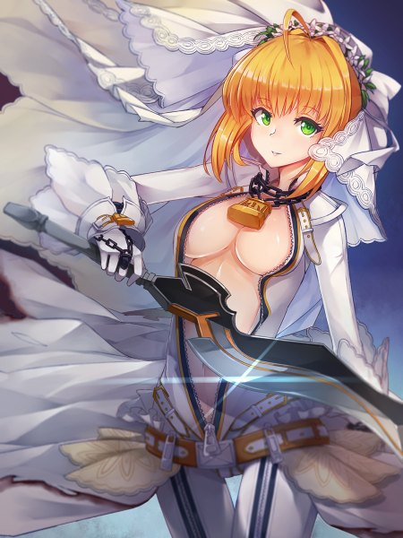 Anime picture 900x1200 with fate (series) fate/extra fate/extra ccc nero claudius (fate) (all) nero claudius (bride) (fate) mhong single tall image looking at viewer short hair breasts light erotic blonde hair green eyes girl dress gloves navel weapon sword