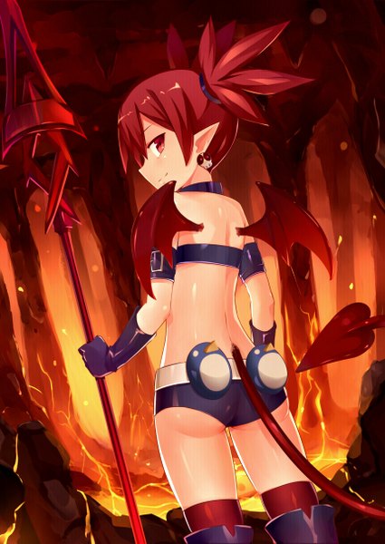 Anime picture 860x1215 with disgaea etna (disgaea) mmrailgun single long hair tall image blush light erotic smile red eyes twintails red hair tail profile looking back pointy ears demon tail lava girl thighhighs