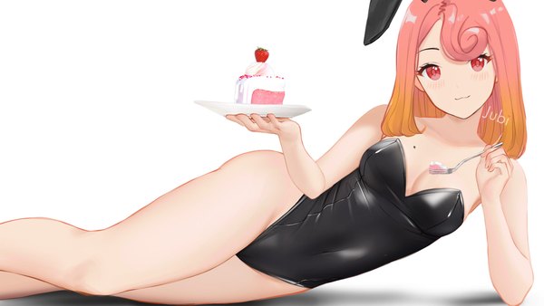Anime picture 1920x1080 with original laras (jubi) jubi (regiana) single looking at viewer highres short hair breasts light erotic smile wide image large breasts white background bare shoulders signed pink hair pink eyes orange hair mole bare legs