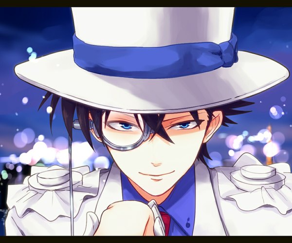 Anime picture 1024x850 with detective conan magic kaito kaito kid ririco single short hair blue eyes smile brown hair upper body letterboxed face boy suit top hat monocle