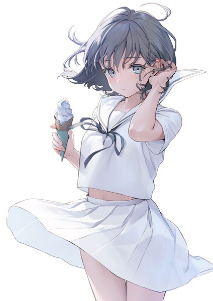 Anime picture 724x1024 with original geroro single tall image looking at viewer short hair blue eyes black hair simple background standing white background holding wind wind lift girl uniform serafuku food sweets ice cream