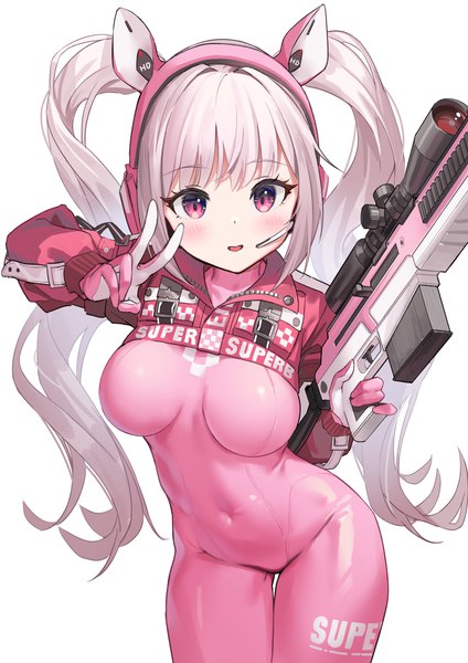 Anime-Bild 1488x2105 mit goddess of victory: nikke alice (nikke) qianduan mozhi single long hair tall image blush light erotic simple background white background twintails looking away silver hair pink eyes covered navel victory girl gloves weapon headphones