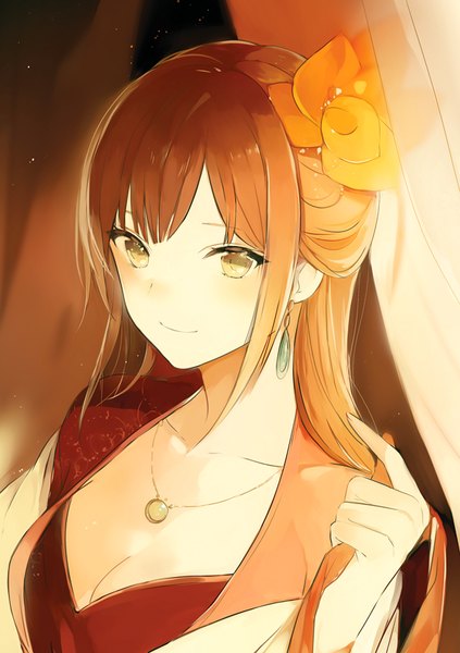 Anime picture 600x850 with original lpip single long hair tall image looking at viewer blush fringe breasts smile brown hair holding brown eyes payot arm up hair flower portrait girl dress flower (flowers)