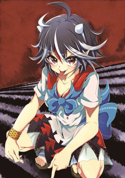 Anime picture 2480x3507 with touhou kijin seija baba (baba seimaijo) single tall image looking at viewer blush highres short hair black hair smile red eyes ahoge multicolored hair horn (horns) pointy ears streaked hair squat oni horns girl