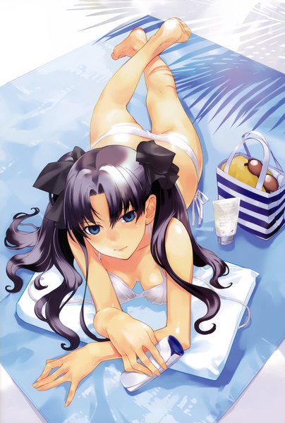 Anime picture 3141x4662 with fate (series) fate/stay night studio deen type-moon toosaka rin okazaki takeshi long hair tall image looking at viewer highres blue eyes light erotic black hair absurdres cleavage lying barefoot from above arm support bare legs