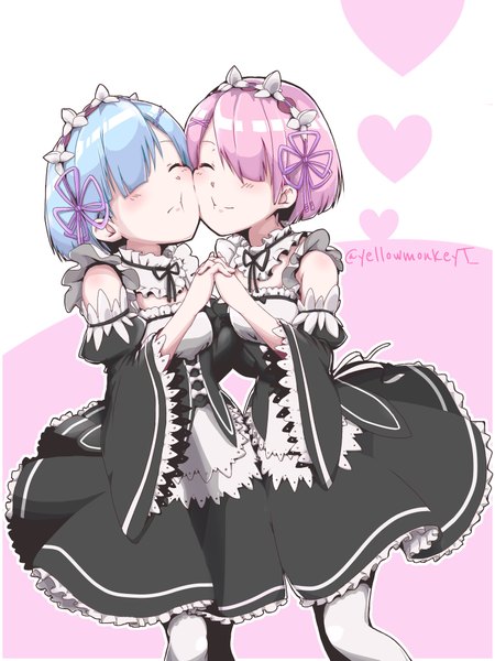 Anime picture 1536x2048 with re:zero kara hajimeru isekai seikatsu white fox rem (re:zero) ram (re:zero) yellowmonkeyt tall image blush fringe short hair breasts multiple girls signed blue hair pink hair eyes closed hair over one eye maid holding hands siblings twins