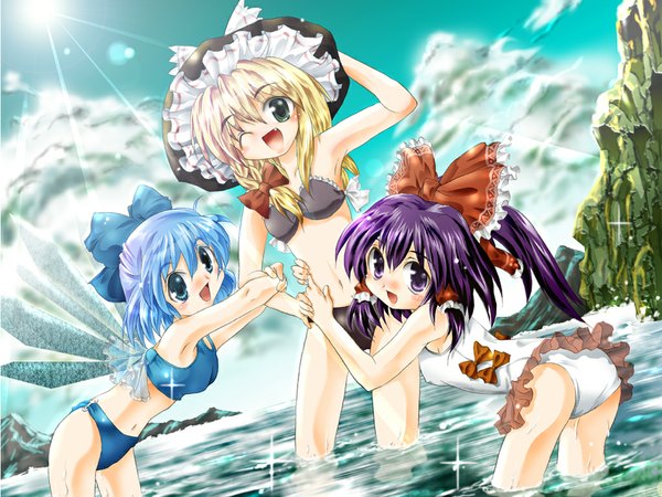 Anime picture 1024x768 with touhou hakurei reimu kirisame marisa cirno light erotic girl swimsuit bikini