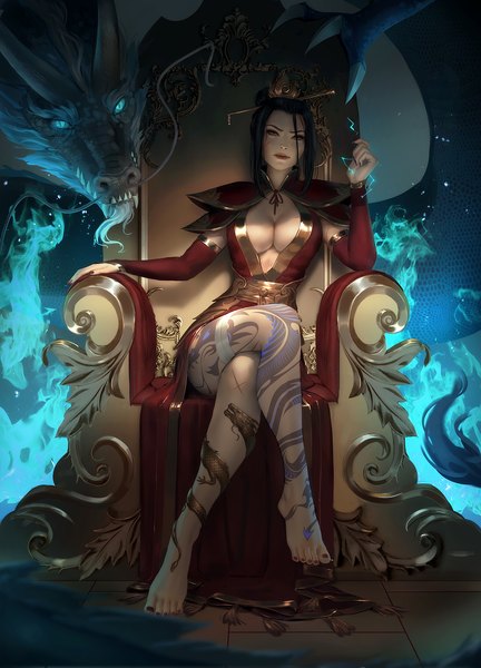 Anime picture 2882x4000 with avatar: the last airbender nickelodeon azula zarory single tall image looking at viewer highres short hair breasts light erotic black hair large breasts sitting payot cleavage full body bent knee (knees) indoors nail polish