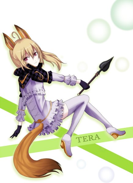Anime picture 1000x1376 with tera online nawate (dij) single long hair tall image looking at viewer blonde hair smile animal ears animal tail pink eyes girl thighhighs gloves white thighhighs