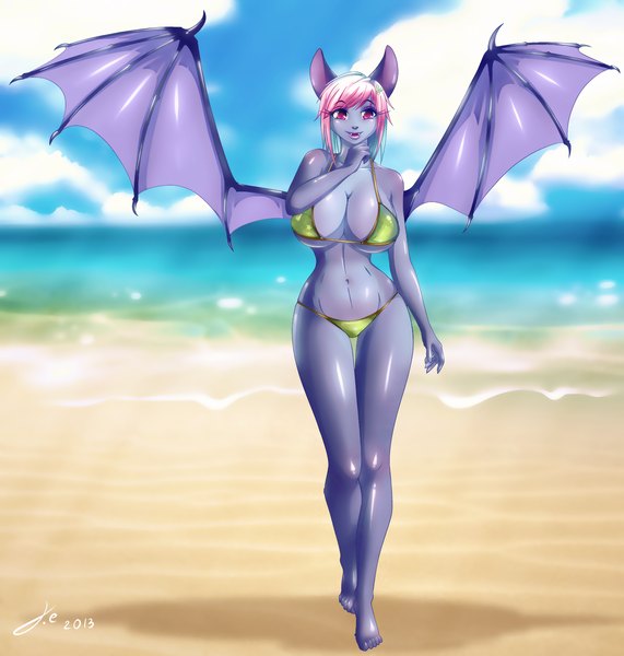 Anime picture 1237x1300 with jessicaelwood (artist) single tall image short hair breasts light erotic smile red eyes large breasts animal ears pink hair bat wings monster girl girl navel swimsuit bikini wings
