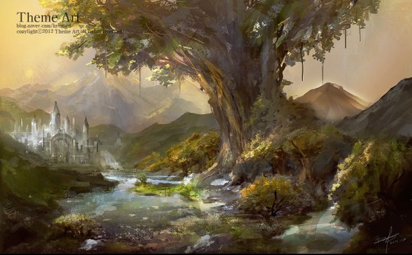Anime picture 1227x760 with original hyugard wide image sky inscription mountain landscape river plant (plants) tree (trees) water castle