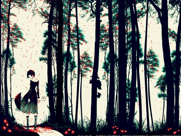 Anime picture 1600x1200 with tukiji nao (green glass) single short hair black hair eyes closed from behind wallpaper girl dress flower (flowers) plant (plants) petals tree (trees) heart umbrella forest