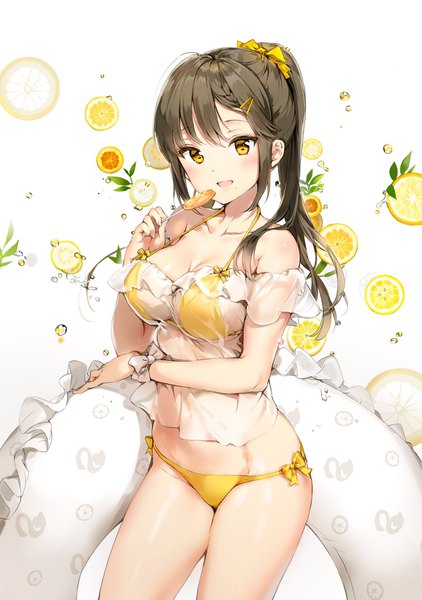 Anime picture 1442x2048 with original anmi single tall image looking at viewer blush fringe breasts open mouth light erotic smile brown hair large breasts standing white background bare shoulders holding yellow eyes payot ahoge