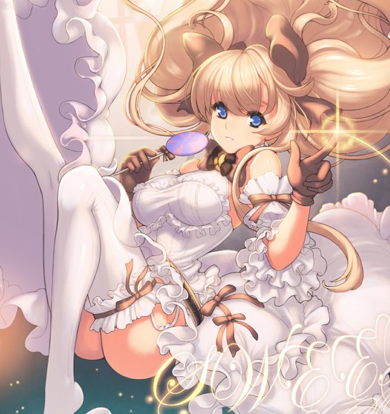 Anime picture 1081x1149 with sword girls isfeldt ecell (artist) single long hair tall image looking at viewer breasts blue eyes light erotic blonde hair girl thighhighs dress gloves white thighhighs food sweets candy lollipop