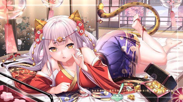 Anime picture 1181x664 with original sannio single long hair looking at viewer blush fringe breasts open mouth light erotic wide image large breasts bare shoulders signed animal ears yellow eyes cleavage silver hair full body bent knee (knees)
