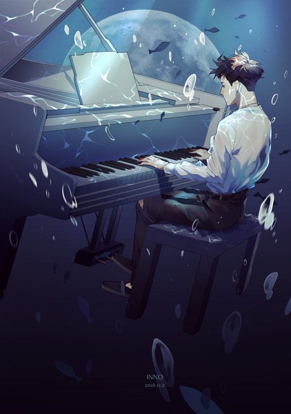 Anime-Bild 800x1137 mit real life exo lay (exo) inno single tall image short hair brown hair sitting full body profile lens flare underwater playing instrument k-pop boy shirt white shirt moon pants