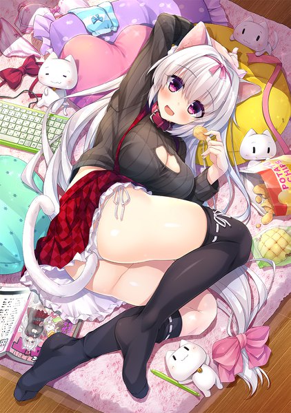 Anime picture 845x1200 with original yanagi yuu single long hair tall image fringe breasts open mouth light erotic smile hair between eyes large breasts purple eyes holding animal ears payot full body bent knee (knees) ass white hair