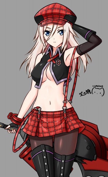 Anime picture 793x1300 with god eater burst alisa ilinichina amiella nagi-the-cheese (ppshex) single long hair tall image looking at viewer blush fringe breasts blue eyes light erotic blonde hair simple background hair between eyes standing grey background girl skirt gloves