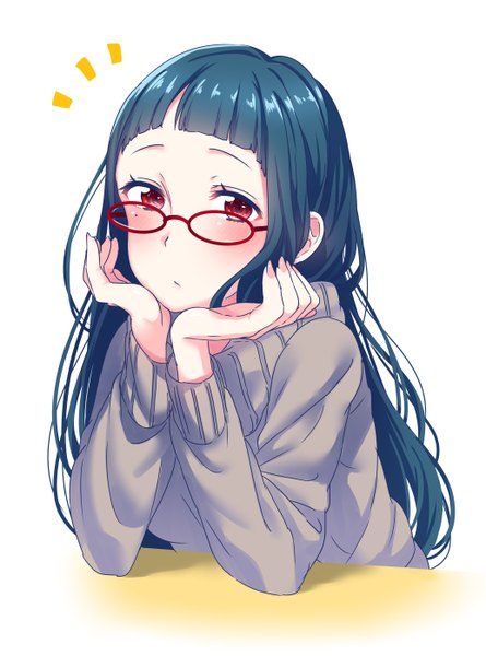 Anime picture 2072x2792 with tokyo 7th sisters tendouji musubi ume tarou single long hair tall image looking at viewer blush fringe highres simple background red eyes white background sitting blue hair nail polish hands on face girl glasses sweater