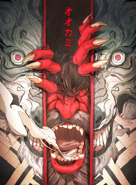 Anime picture 1000x1362 with original chunlo tall image open mouth black hair red eyes fingernails teeth fang (fangs) grin dark background long fingernails steam clenched teeth sharp teeth demon no face oni faceless male gate
