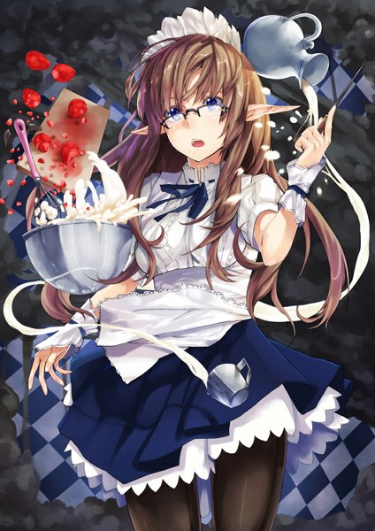 Anime picture 827x1169 with original ruuto (sorufu) single long hair tall image open mouth blue eyes brown hair pointy ears maid magic girl pantyhose glasses food headdress maid headdress wrist cuffs cup berry (berries)