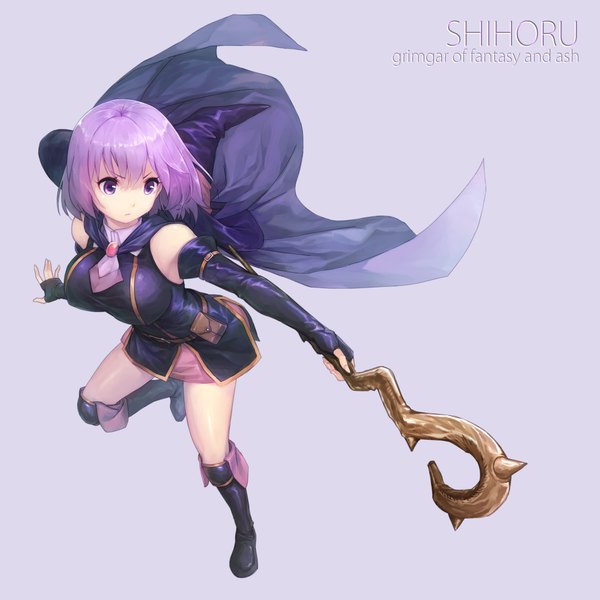 Anime picture 2046x2046 with hai to gensou no grimgar a-1 pictures shihoru (grimgar) curry bowl single looking at viewer highres short hair breasts purple eyes purple hair inscription girl hat detached sleeves boots cape witch hat staff