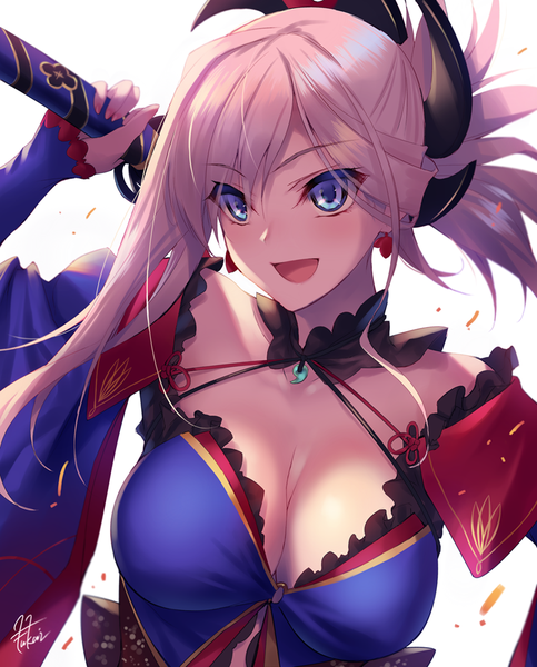 Anime picture 805x1000 with fate (series) fate/grand order miyamoto musashi (fate) fukai ryosuke single long hair tall image blush fringe breasts open mouth blue eyes light erotic simple background smile large breasts white background bare shoulders holding signed