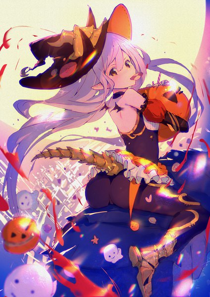 Anime picture 2866x4053 with granblue fantasy medusa (shingeki no bahamut) enj! single tall image fringe highres light erotic hair between eyes sitting brown eyes silver hair ass tail very long hair looking back pointy ears magic halloween bare back