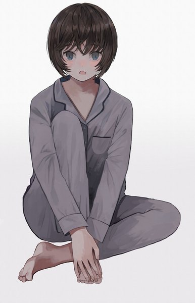 Anime picture 2527x3925 with original maoyasumisumi single tall image looking at viewer blush fringe highres short hair open mouth black hair simple background hair between eyes sitting payot full body bent knee (knees) barefoot grey background grey eyes