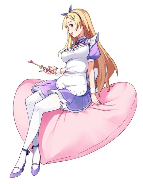 Anime picture 777x1000 with saiste single long hair tall image looking at viewer blush breasts open mouth simple background blonde hair smile white background purple eyes girl thighhighs dress hair ornament white thighhighs hairclip wand