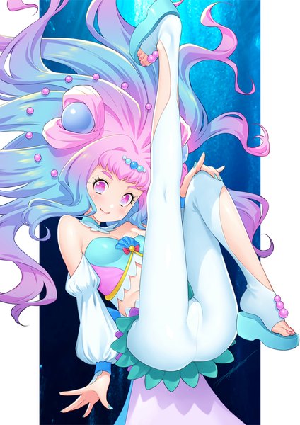 Anime picture 1415x2000 with precure tropical-rouge! precure toei animation laura (precure) cure la mer kazuma muramasa single long hair tall image looking at viewer fringe light erotic smile blue hair pink hair full body pink eyes gradient hair leg lift (legs lift) outside border