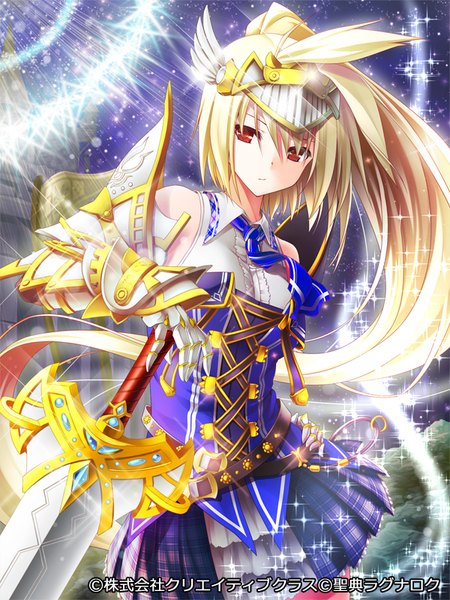Anime picture 600x800 with seiten ragnarok pochadon single tall image looking at viewer blonde hair red eyes ponytail very long hair girl dress gloves weapon sword elbow gloves armor