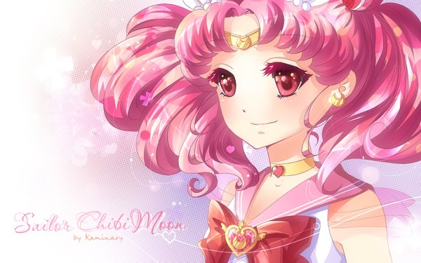 Anime picture 1400x875 with bishoujo senshi sailor moon toei animation chibiusa sailor chibi moon kaminary single long hair red eyes wide image twintails pink hair girl earrings heart jewelry collar sailor suit brooch circlet