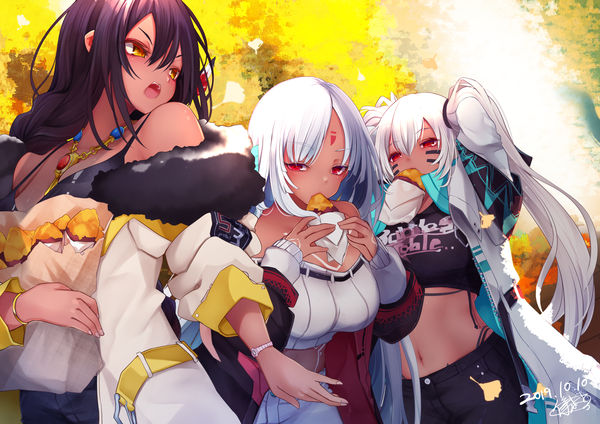 Anime picture 5787x4093 with azur lane massachusetts (azur lane) south dakota (azur lane) alabama (azur lane) reku hisui long hair looking at viewer blush fringe highres breasts open mouth black hair hair between eyes red eyes large breasts standing twintails multiple girls holding