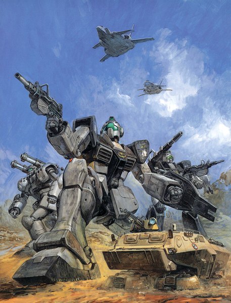 Anime picture 791x1038 with mobile suit gundam gundam side story: rise from the ashes sunrise (studio) gm (mobile suit) guncannon gm cannon guncannon mp type core booster takani yoshiyuki tall image sky cloud (clouds) scan realistic official art traditional media science fiction weapon gun mecha