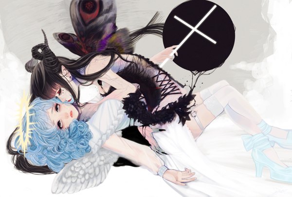 Anime picture 1748x1181 with original maydell long hair highres black hair multiple girls blue hair lying horn (horns) lips grey eyes pantyshot angel wings insect wings butterfly wings girl dress underwear panties 2 girls