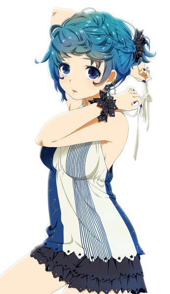 Anime picture 626x1082 with original mattaku mousuke single tall image looking at viewer short hair blue eyes simple background white background blue hair nail polish sleeveless girl skirt hair ornament ribbon (ribbons) miniskirt earrings blouse