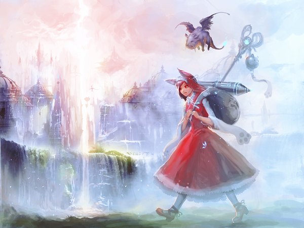 Anime picture 1600x1200 with runewars (game) wacom tagme (character) moon water (artist) single long hair smile red eyes animal ears pink hair sky cloud (clouds) city waterfall girl dress water shoes headdress maid headdress