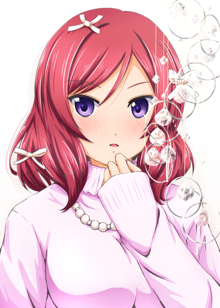 Anime picture 756x1058 with love live! school idol project sunrise (studio) love live! nishikino maki diesel-turbo single tall image looking at viewer blush short hair simple background white background purple eyes pink hair parted lips close-up girl sweater necklace beads