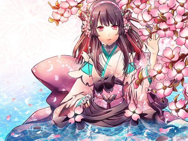 Anime picture 1200x900 with vocaloid vy1 (mizki) suou sakura single long hair looking at viewer black hair red eyes japanese clothes girl flower (flowers) petals hairband kimono obi