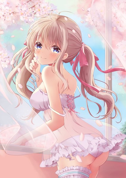 Anime picture 950x1344 with original moe2021 sakura (ichisakupink) single long hair tall image looking at viewer blush fringe breasts blue eyes light erotic smile hair between eyes brown hair large breasts standing twintails holding sky