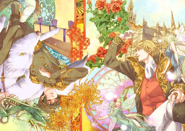 Anime picture 2000x1414 with axis powers hetalia studio deen united kingdom (hetalia) japan (hetalia) tagme (artist) highres short hair black hair blonde hair yellow eyes hair flower fairy boy uniform hair ornament flower (flowers) earrings animal rose (roses) building (buildings)