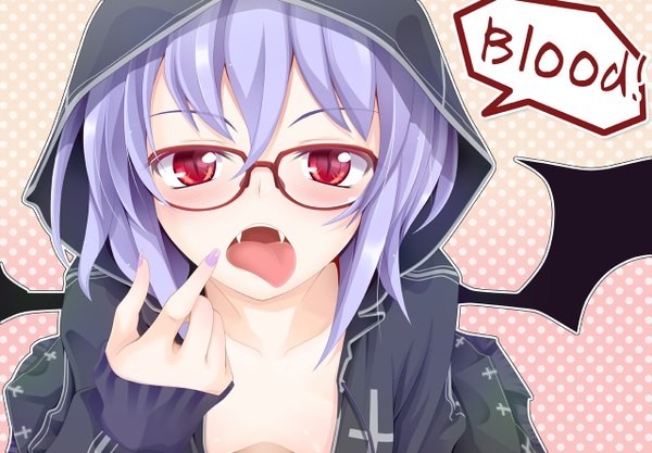 Anime picture 1280x890 with touhou remilia scarlet ogami kazuki short hair open mouth red eyes purple hair bat wings bespectacled animal eyes girl wings glasses tongue hood
