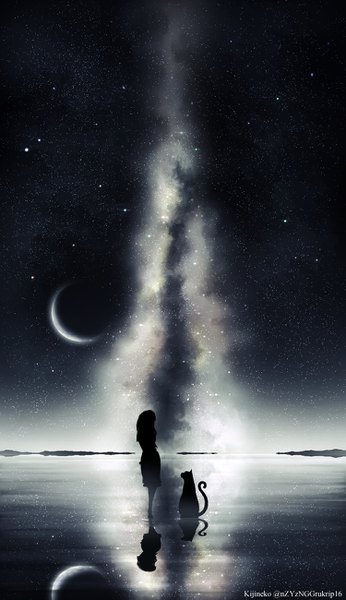 Anime picture 750x1300 with original kijineko long hair tall image standing signed night night sky watermark monochrome reflection horizon silhouette eclipse girl animal water moon star (stars) cat