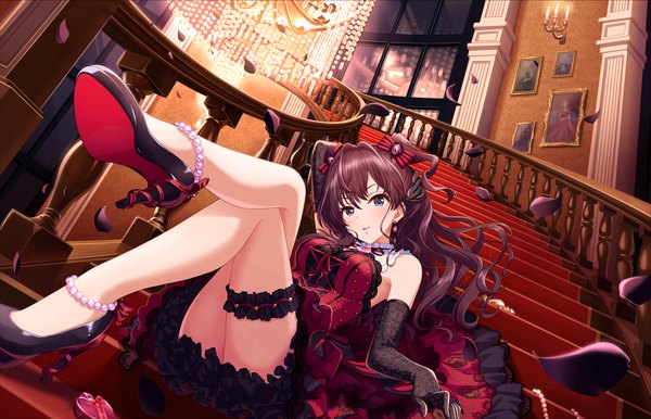 Anime picture 1280x824 with idolmaster idolmaster cinderella girls ichinose shiki single long hair looking at viewer blush blue eyes purple hair two side up legs invitation dive girl dress gloves bow hair bow petals black gloves elbow gloves