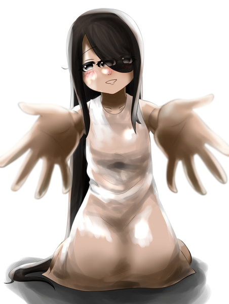 Anime picture 2894x3844 with original kakiagemaru single tall image looking at viewer blush fringe highres black hair simple background smile white background full body very long hair head tilt black eyes hair over one eye kneeling outstretched hand girl