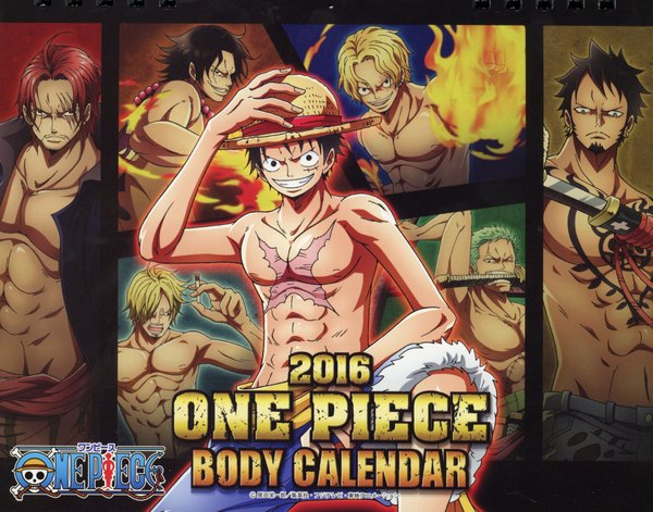 Anime picture 2313x1817 with one piece toei animation one piece body calendar 2016 monkey d. luffy roronoa zoro sanji portgas d. ace trafalgar law sabo (one piece) shanks looking at viewer fringe highres short hair open mouth black hair blonde hair smile holding looking away